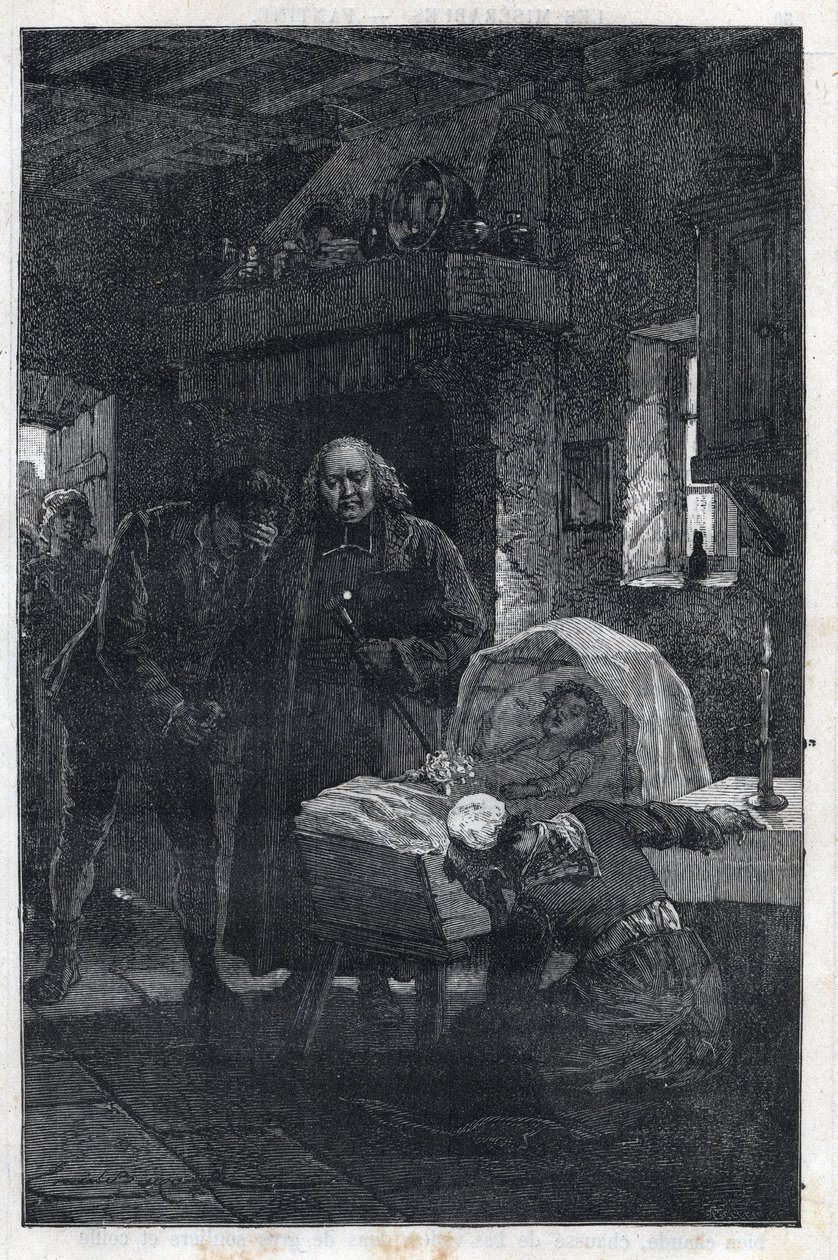 The Myriel Eveque with a Mourning Family - Illustrasjon av Emile Bayard (1837-1891) for "The Miserables - First Part: Fantine" av Victor Hugo (1802-1885) 1862 av Emile Antoine Bayard