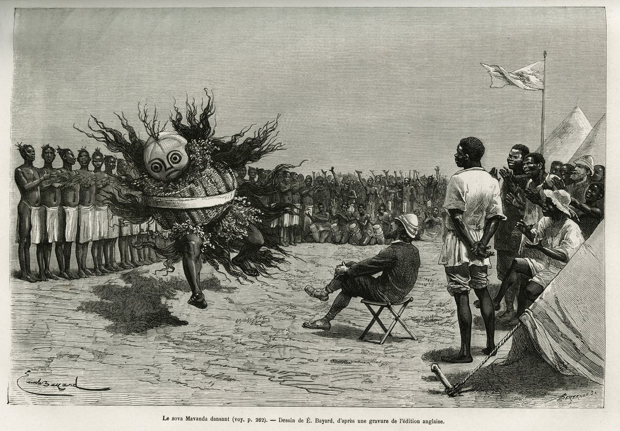 Sova Mavanda (kongen), omgitt av mennene hans som salmer en monoton sang, danser foran majoren. Gravering av Emile Bayard, for å illustrere historien om hvordan jeg har krysset Afrika, fra Atlanterhavet til Det indiske hav, av major Serpa Pinto, av Emile Antoine Bayard