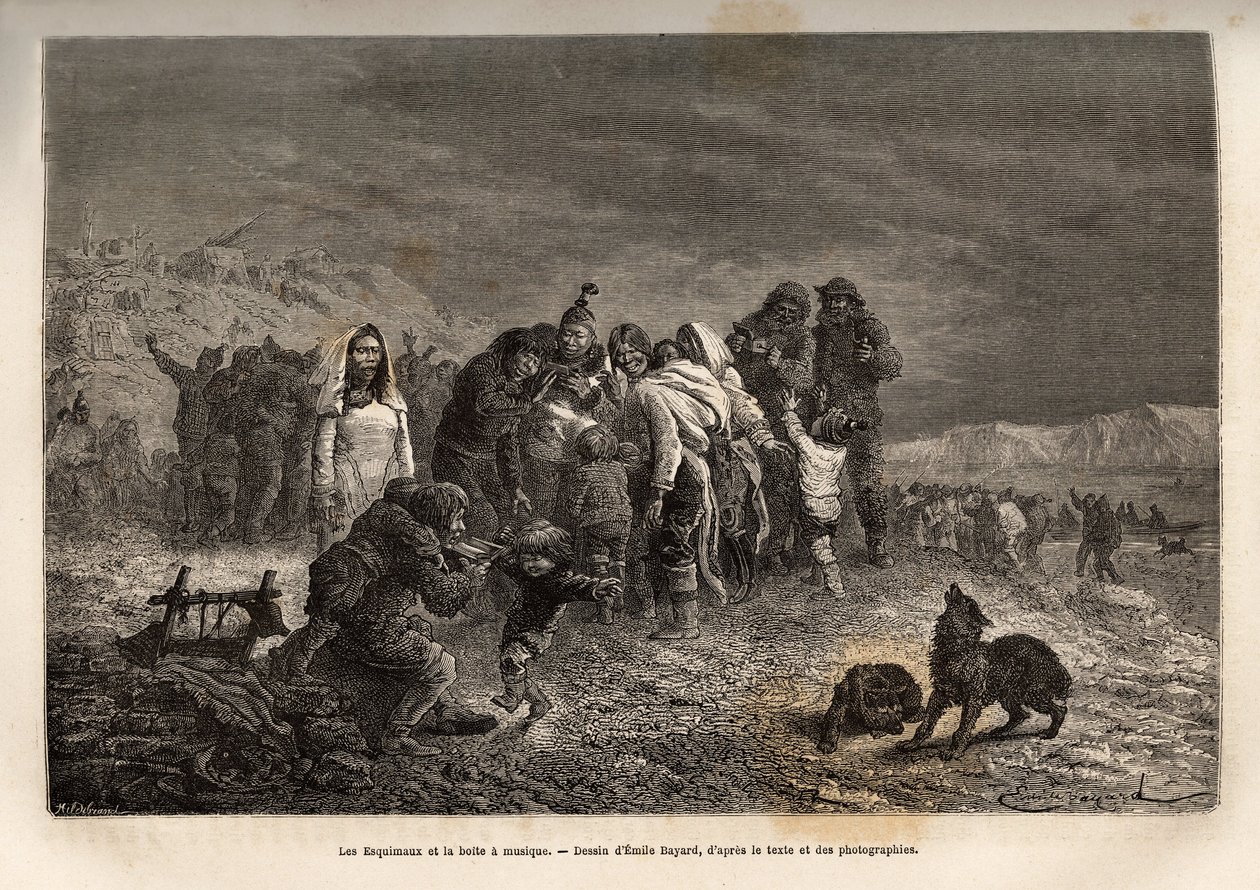 Forundring over eskimalene som oppdaget spilleboksene i nærheten av Friedrichsthal (Grønland), gravert etter tegningen av Emile Bayard, som illustrerer reisen til skipene La Germania og La Hansa til Nordpolen i 1869-1870, av kaptein He av Emile Antoine Bayard
