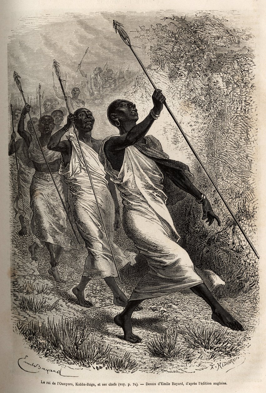 Ankomsten av Kabba Rega, kongen av Ounyoro (østlige Sudan) og høvdingene for hoffet hans, til Sir Bakers leir for et offisielt besøk, gravert etter en tegning av Emile Bayard, som illustrerer en ekspedisjon i Sentral-Afrika, for undertrykkelse av svart av Emile Antoine Bayard
