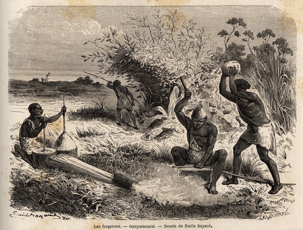 Smedene, i ounyamoezi (de store innsjøene, Afrika), tegning av Emile Bayard (1837-1891), som illustrerer oppdagelsesreisen i Afrika, fra 1860 til 1863 til kaptein Speke. Gravering i "" Le tour du monde"", redigert av Edouard Charton av Emile Antoine Bayard