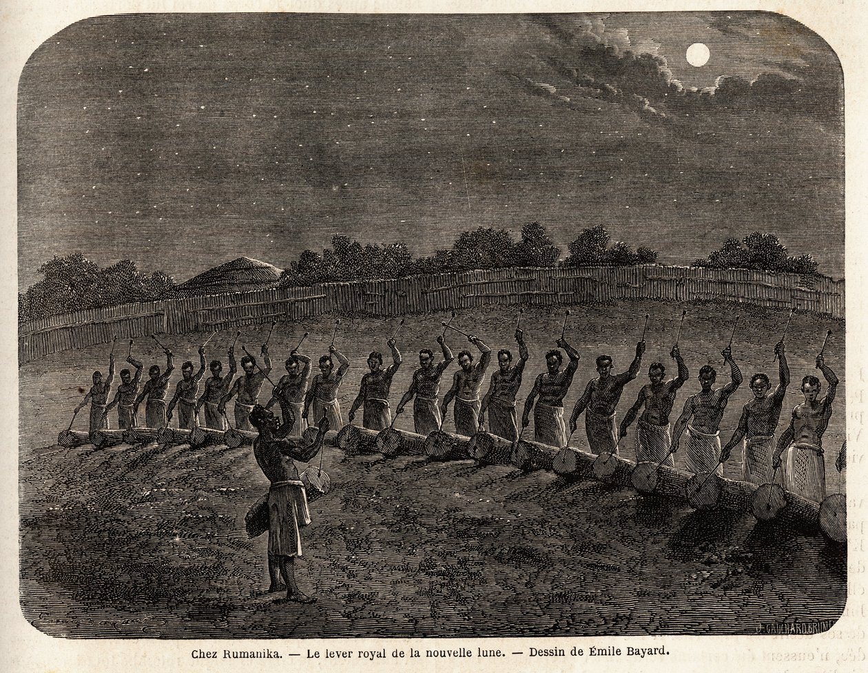 Seremonien av trommene for oppgangen av nymånen, i spissen for stammen Rumanika, i Karague (vest for Victoriasjøen, i dagens Zimbabwe), tegning av Emile Bayard (1837-1891), som illustrerer kaptein Spekes reise funnet i Afrika fra 186 av Emile Antoine Bayard