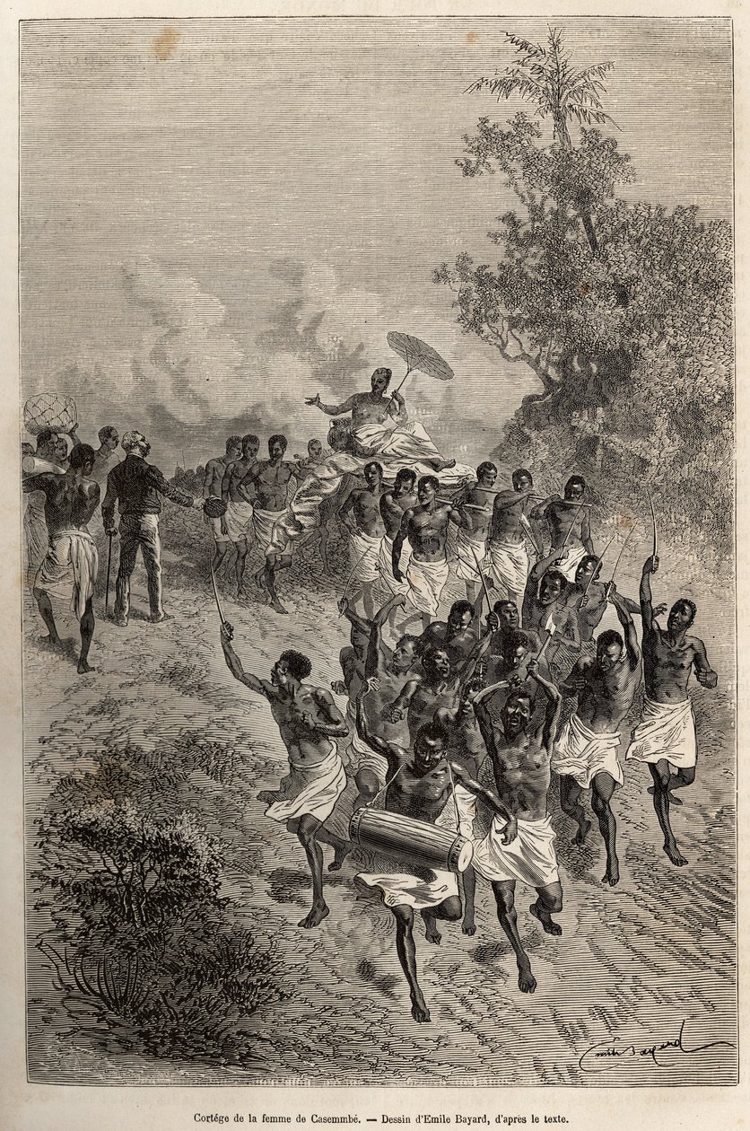 Kortegen til Cassemmbes kone går foran Livingstone som hilser henne, gravert etter en tegning av Emile Bayard, som illustrerer David Livingstones siste dagbok (1813-1873), i 1866-1873, publisert i "" Le tour du monde"" 1875, redigert av Edouard Charton, av Emile Antoine Bayard