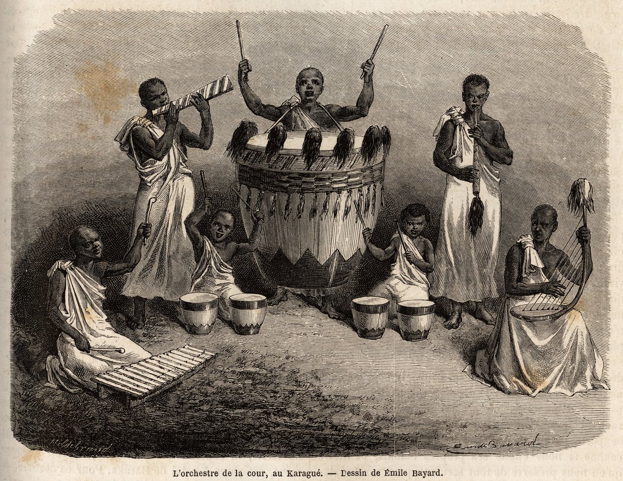 Hoforkesteret, i Karague (vest for Victoriasjøen, dagens Zimbabwe), tegning av Emile Bayard (1837-1891), som illustrerer kaptein Spekes oppdagelsesreise i Afrika fra 1860 til 1863. Gravering i «» Le tour du monde ””, redigert av Edouard Char av Emile Antoine Bayard
