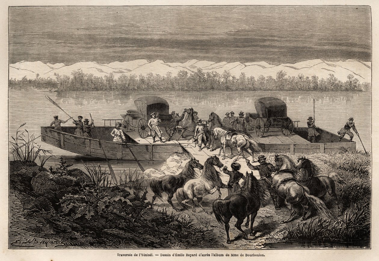 Krysset av Yenissei-elven (Russland), tegning av Emile Bayard (1837-1891) for å illustrere reisen fra Shanghai til Moskva, fra 1859 til 1862, til M. de Bourboulon, Frankrikes minister til Kina. Gravering i "" Le tour du monde"", redigert av Edouard C av Emile Antoine Bayard