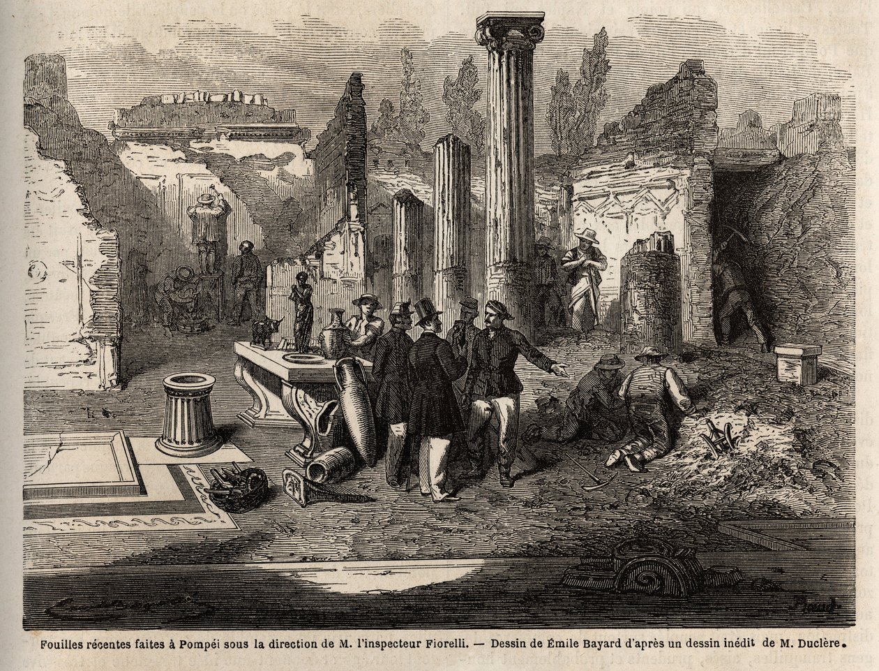 Utgravningene i 1864 i Pompei, under ledelse av inspektør Fiorelli, tegning av Emile Bayard (1837-1891), for å illustrere teksten til Marc Monnier (1829-1885) "" Pompei og Pompeianerne". Gravering i "" Le tour du monde"", redigert av Edouard Chart av Emile Antoine Bayard