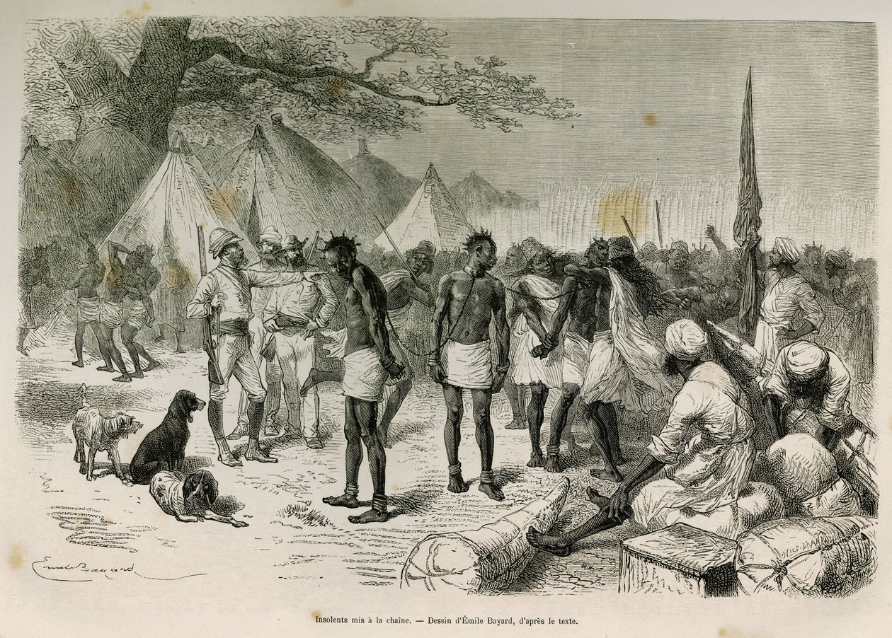 De frekke bærerne av ekspedisjonen satt i kjeden, tegning av Emile Bayard, for å illustrere historien: Across Africa, from Zanzibar (Tanzania) til Benguela (Angola), fra 1872 til 1876, av løytnant V.H.Cameron. Gravering i Le tour du monde av Emile Antoine Bayard