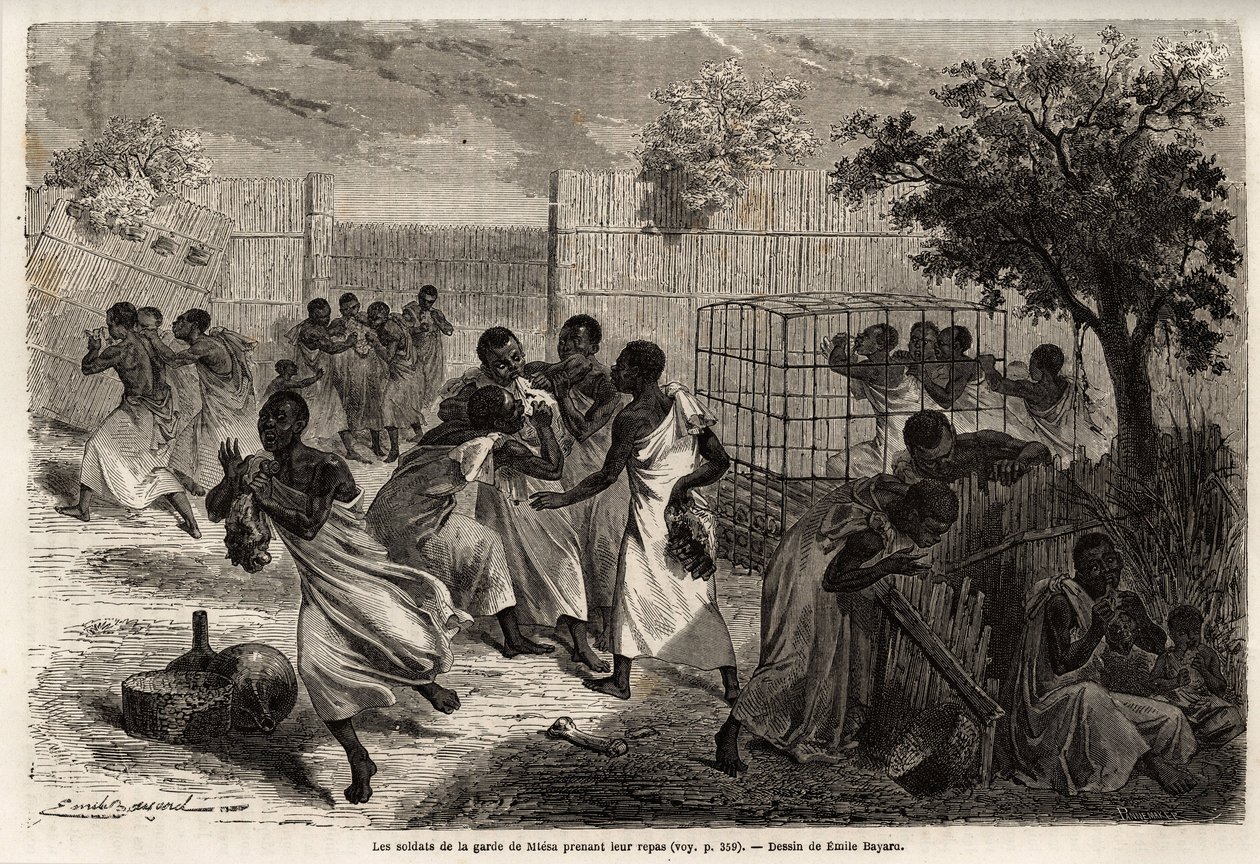 Måltidet til soldatene til vaktholdet til kongen av Uganda, M'Tesa, tegning av Emile Bayard (1837-1891), som illustrerer kaptein Spekes oppdagelsesreise i Afrika fra 1860 til 1863. Gravering i "" Le tour du monde" ”, redigert av Edouard  av Emile Antoine Bayard