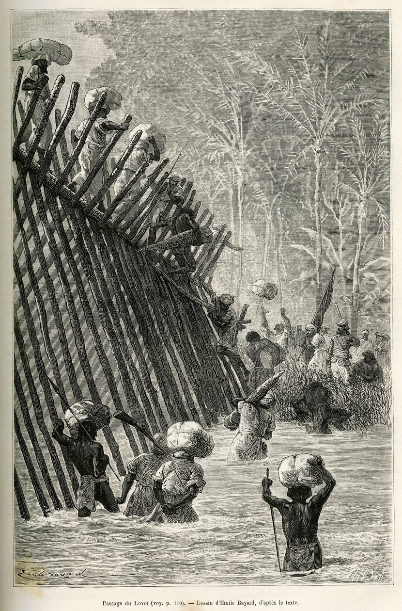 Passasjen av elven Lovoi (eller djevelens elv) (Katanga-regionen, Kongo) av ekspedisjonen, tegning av Emile Bayard, for å illustrere reisen gjennom Afrika, fra Zanzibar (Tanzania) til Benguela (Angola), fra 1873 til 1876 , av den britiske sjefen V.L. av Emile Antoine Bayard