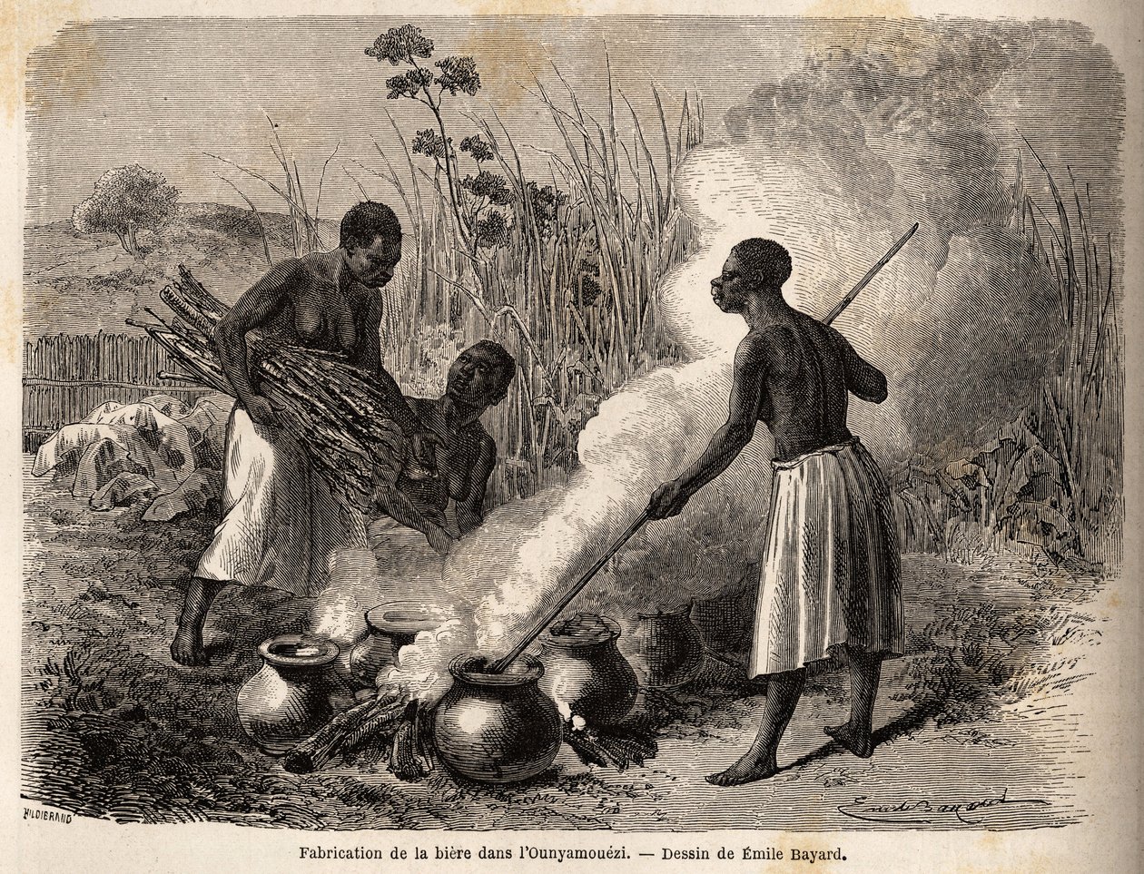 Produksjonen av øl, i ounyamoezi (Great Lakes-regionen, Afrika), tegning av Emile Bayard (1837-1891), som illustrerer oppdagelsesreisen i Afrika, fra 1860 til 1863 til kaptein Speke. Gravering i "" Le tour du monde"", redigert av Edouard Charton av Emile Antoine Bayard