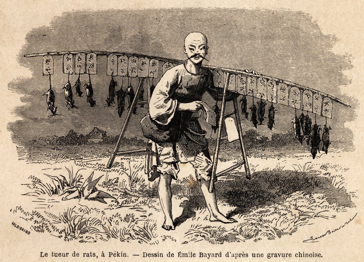 Rottemorderen i Pekin. Tegning av Emile Bayard (1837-1891), for å illustrere reisen fra Shanghai til Moskva, fra 1859 til 1862, av M. de Bourboulon, Frankrikes minister til Kina. Gravering i "" Le tour du monde"", redigert av Edouard Charton av Emile Antoine Bayard