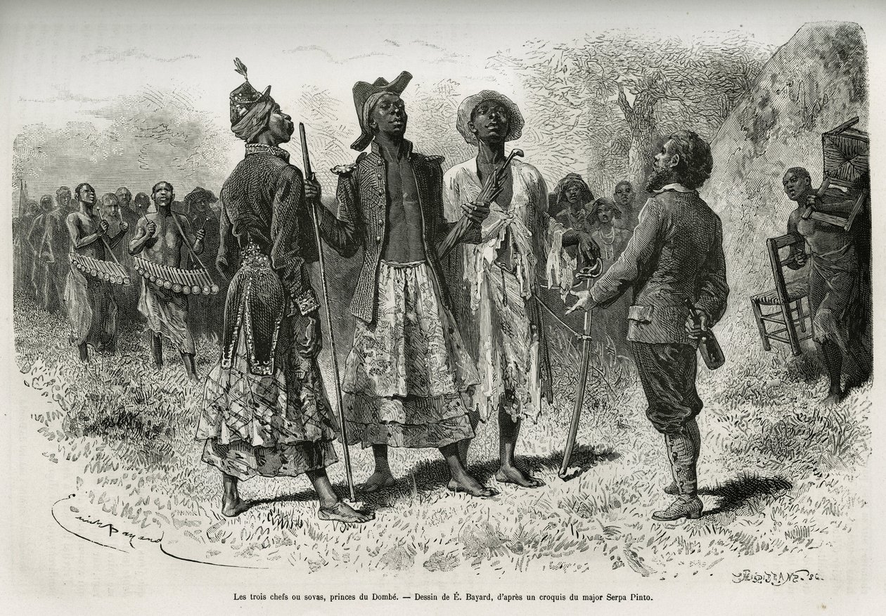 De tre ledere (eller sovas), Princes av Dombe (Angola), og deres suite av musikere og courtier, kommer til å møte den oppdag S.Pinto. Gravering av Emile Bayard, for å illustrere historien hvordan jeg har krysset Afrika, fra Atlanterhavet til det indiske av Emile Antoine Bayard