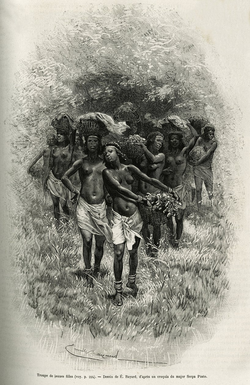 En gruppe unge jenter som bærer kurver fylt med mat for forsyning av S.Pinto og hans menn. Gravering av Emile Bayard, for å illustrere historien om hvordan jeg har krysset Afrika, fra Atlanterhavet til Det indiske hav, av major Serpa Pinto, i 1877-1878, pu av Emile Antoine Bayard