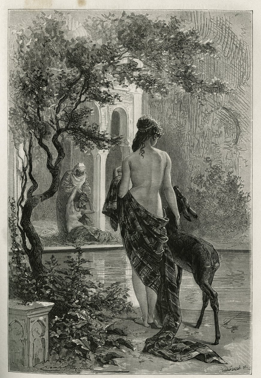 Un jardin à Fes, gravering av Emile Bayard, for å illustrere historien om Marokko av Edmondo de Amicis, i 1875, utgitt i tour du monde, under ledelse av Edouard Charton av Emile Antoine Bayard