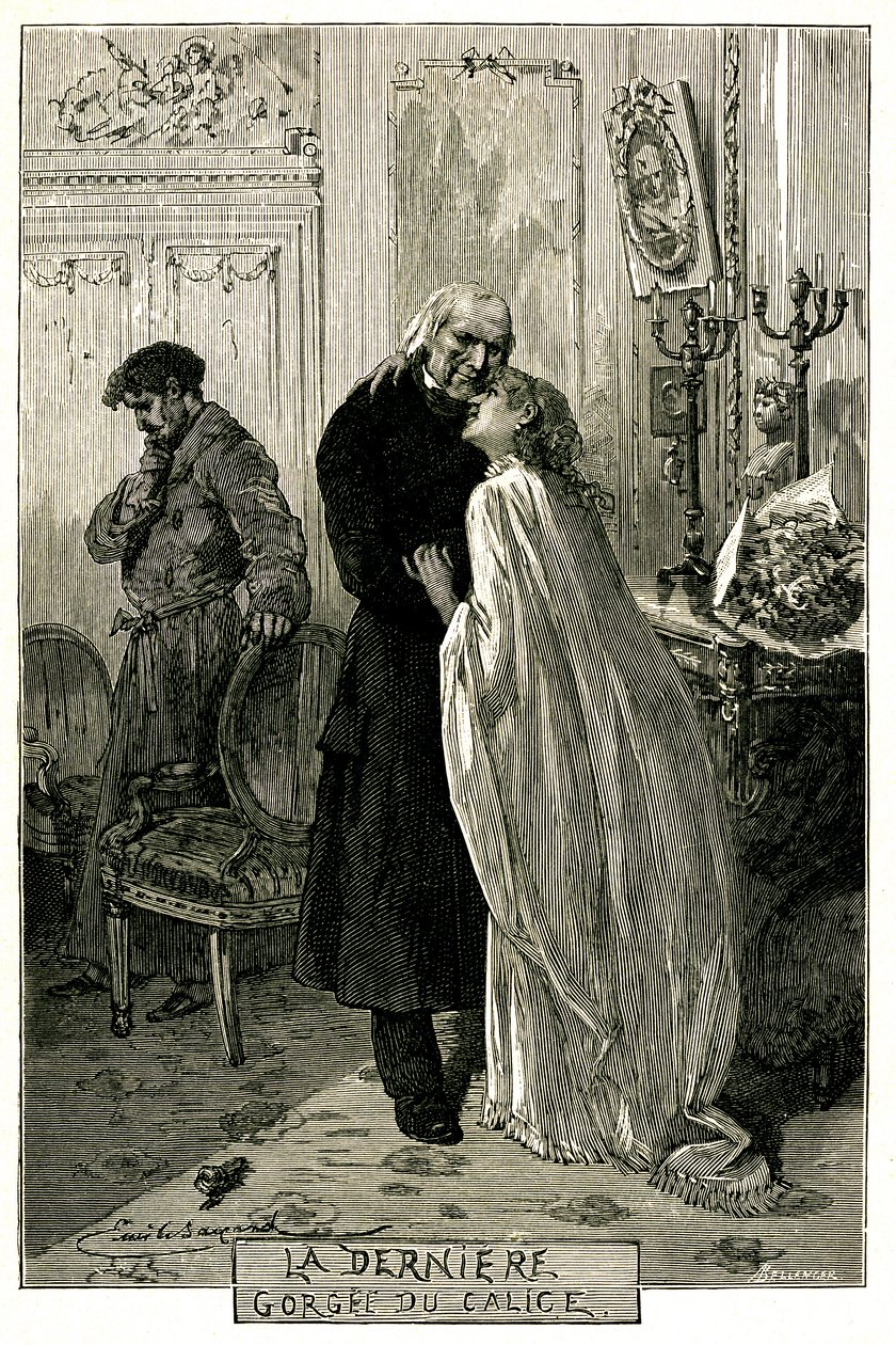 Victor Hugo "The Miserables", "The Last Gorgee of the Chalice". Illustrasjon av Emile Bayard. Den tidligere forkatten Jean Valjean ble gammel med Cosette og Marius. Gravering av utgaven Ollendorff 1906. av Emile Antoine Bayard
