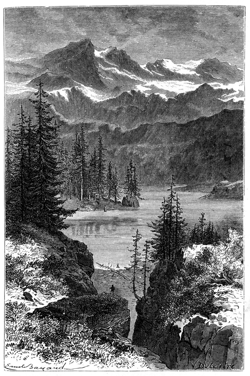 Utsikt over Alpene: skog, innsjø, topper. Illustrasjon av Emile Bayard for boken Les Montagnes d