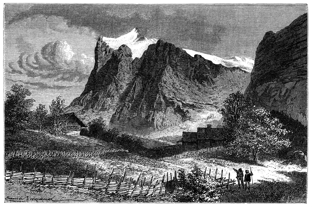 Utsikt over de sveitsiske alpene. Illustrasjon av Emile Bayard for boken Les Montagnes d