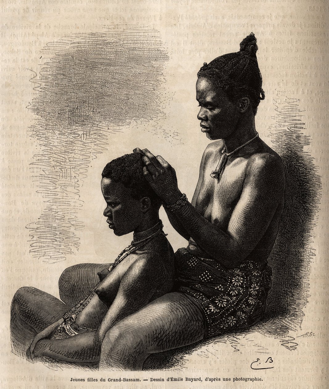 Unge jenter fra Grand-Bassam (Grand Bassam) (tidligere hovedstad i Elfenbenskysten), styler seg selv, graverer etter Emile Bayards tegning, illustrerer reisen til den afrikanske kysten i 1868, av viseadmiral Fleuriot de Langles, publisert i "" Le tour du m av Emile Antoine Bayard