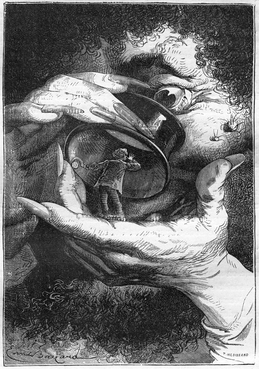 illustrasjon av Jules Vernes roman “” Around the Moon”, tegning av Emile Bayard, Hetzel edition/Voyages extraordinaire 1870. Astronaut Michel Ardan ser for seg å bli observert av en kjempe gjennom et forstørrelsesglass (referanse til Swifts Gulliver) av Emile Antoine Bayard
