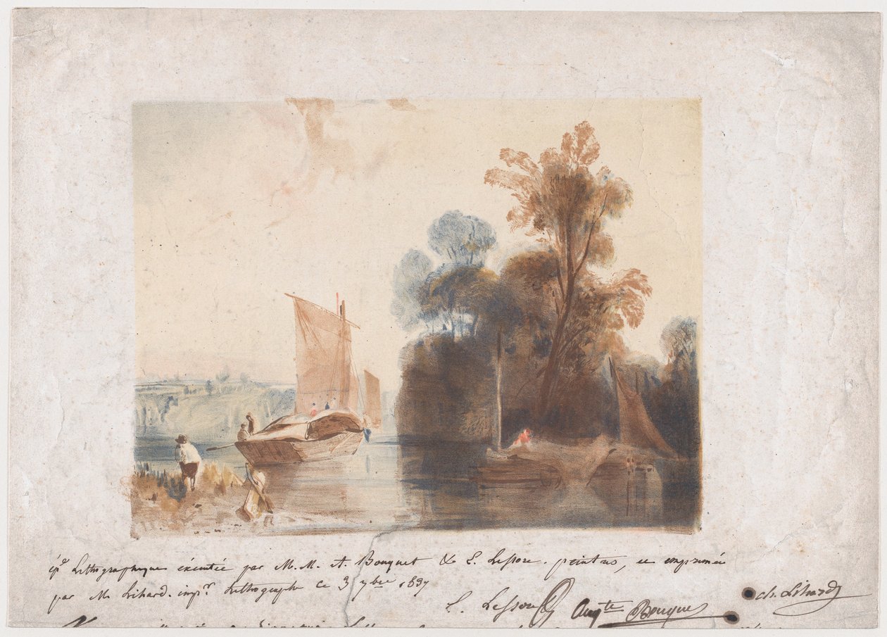 Landskap med elv og båter, 1837 av Emile Aubert Lessore