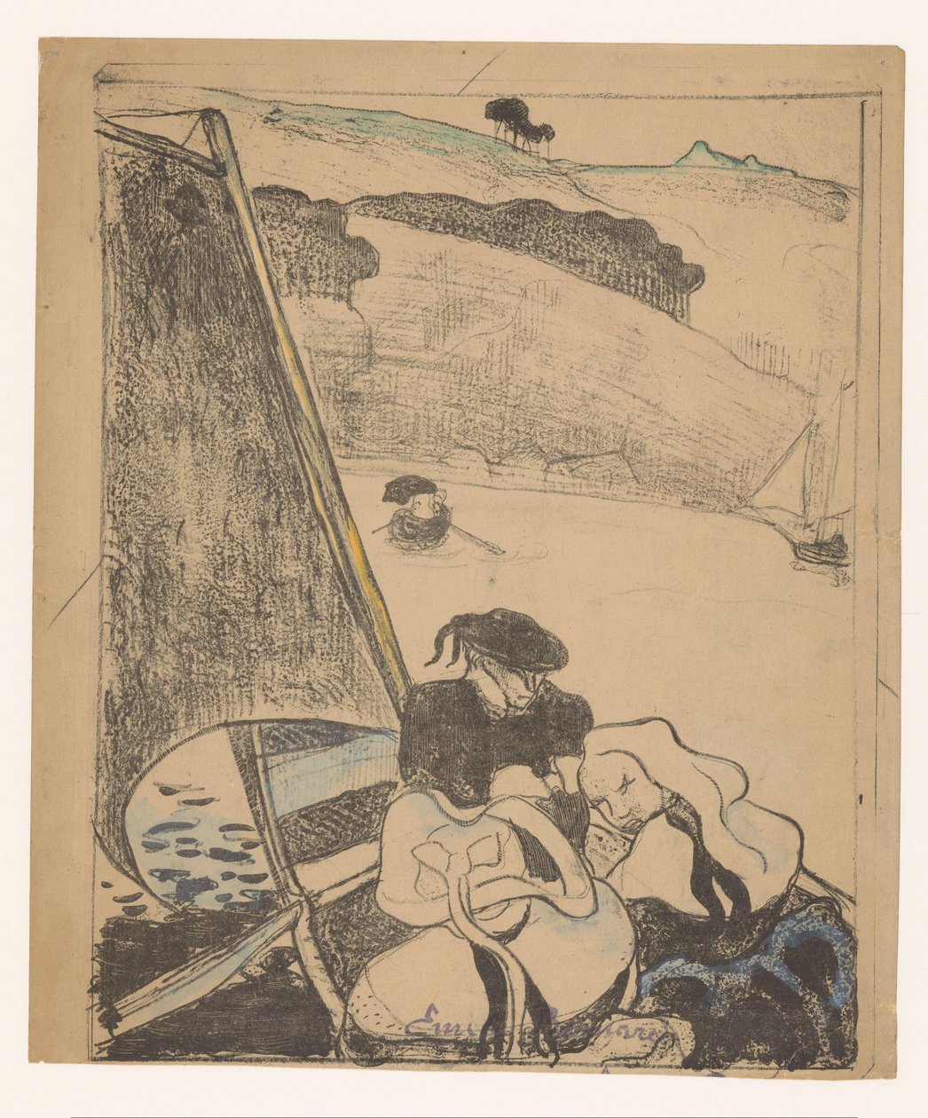 To bretonske kvinner og en mann på en båt Le return du pardon Bretonske kvinner (serietittel) Bretonnes (serietittel) av Émile Bernard (signed by artist)