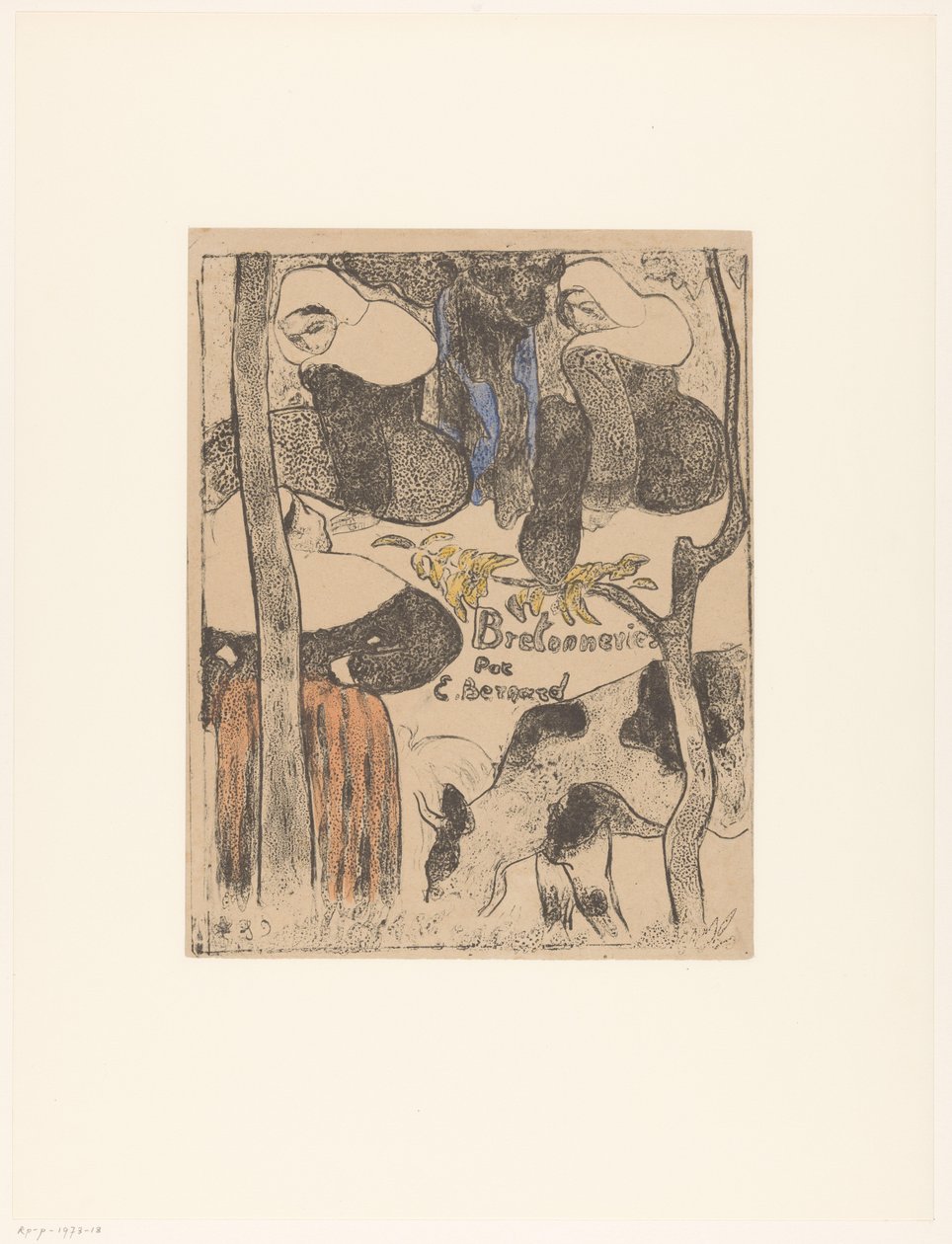 Tre bretonske kvinner og kyr Titteltrykk for: Émile Bernard, Bretonneries, 1889 Bretonnes et vache Bretonske kvinner (serietittel) Bretonnes (serietittel på objekt) av Emile Bernard