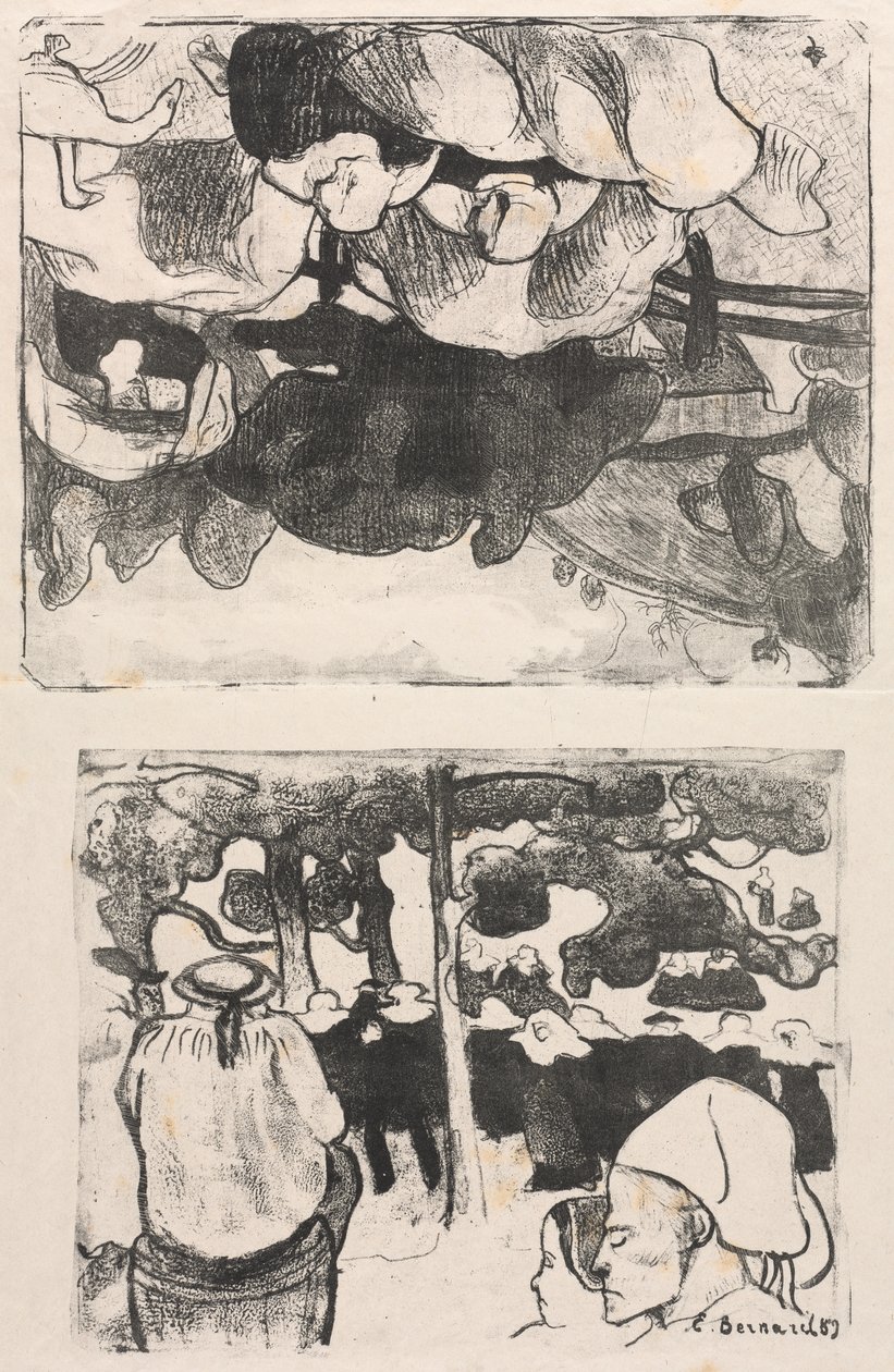 Les Bretonneries: Bretonske kvinner som lager høystakker (Bretonnes Faisant les Foins) og bryllup i Bretagne (La Noce en Bretange) av Emile Bernard