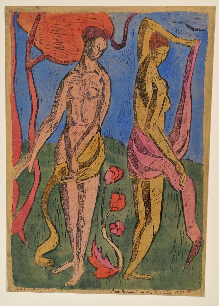 Die Nymphen: Badende mit roten Blumen av Emile Bernard