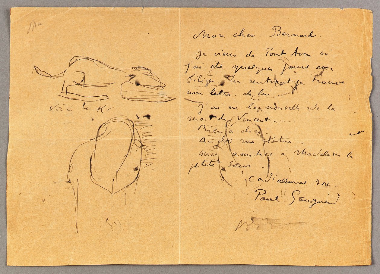 Brev til Emile Bernard med tre blekkskisser, som bemerker døden til "Vincent", Tahiti, 1890-tallet av Emile Bernard