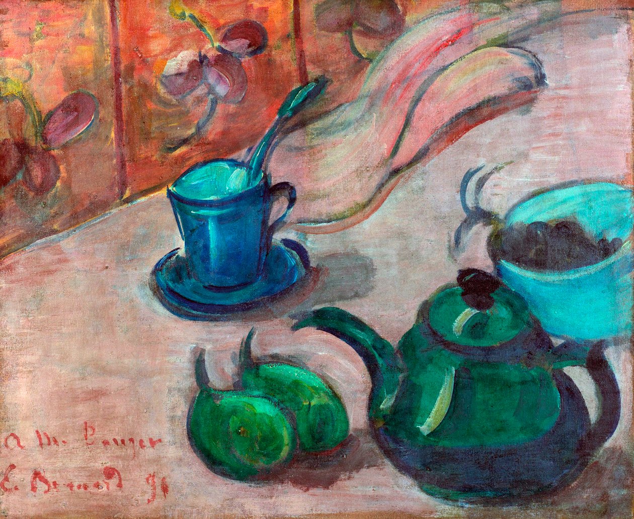 ""Nature morte a la theiere, tasse et fruit"" ( Stilleben med tekanne, kopp og frukt) Peinture d