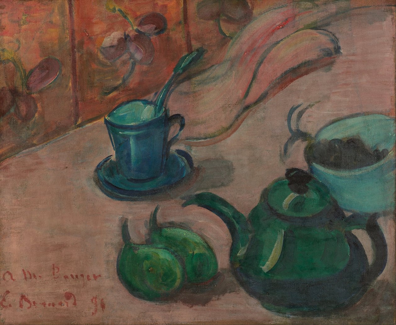 Stilleben med tekanne, kopp og frukt av Emile Bernard