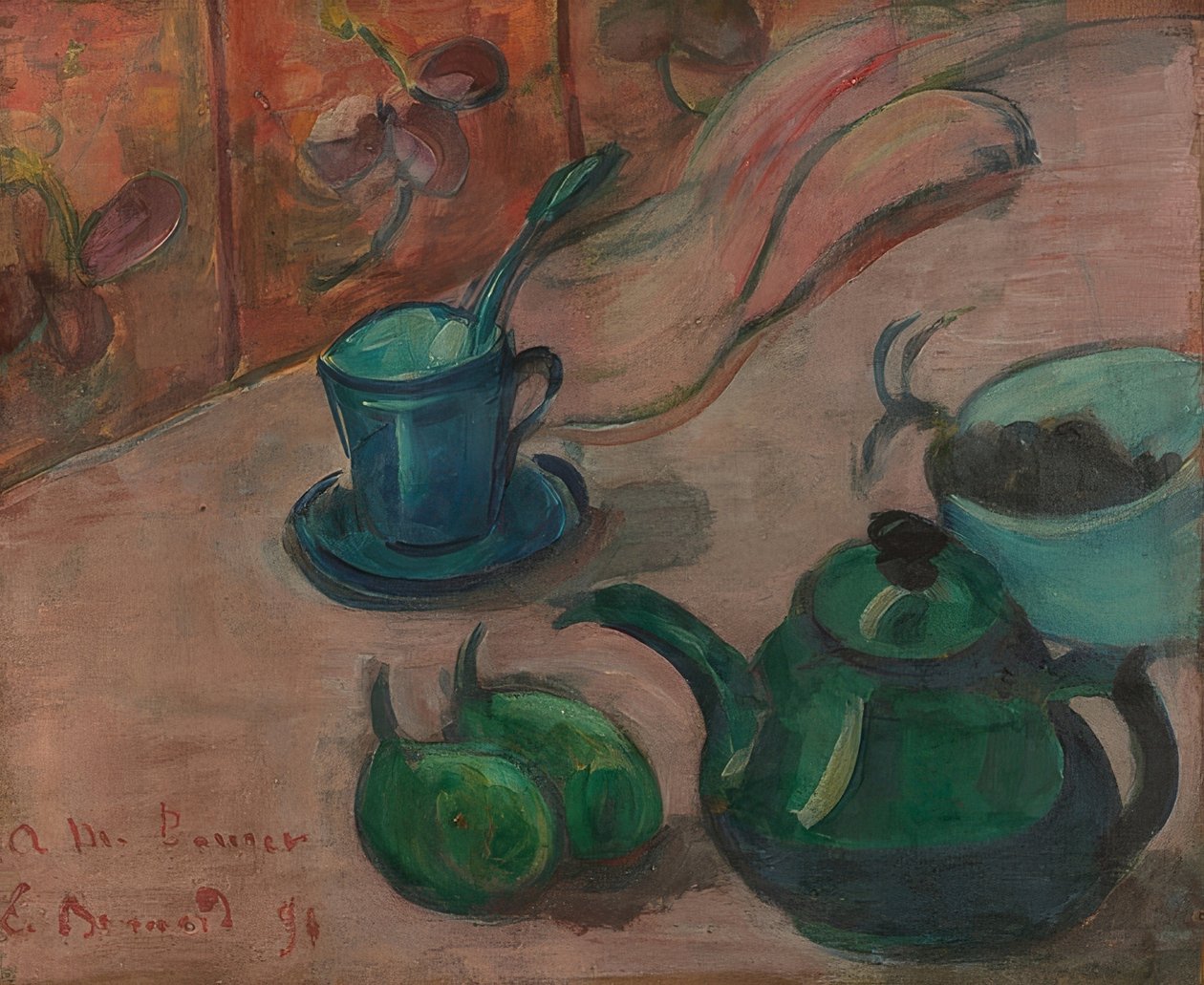 Stilleben med tekanne, kopp og frukt. 1890 av Emile Bernard