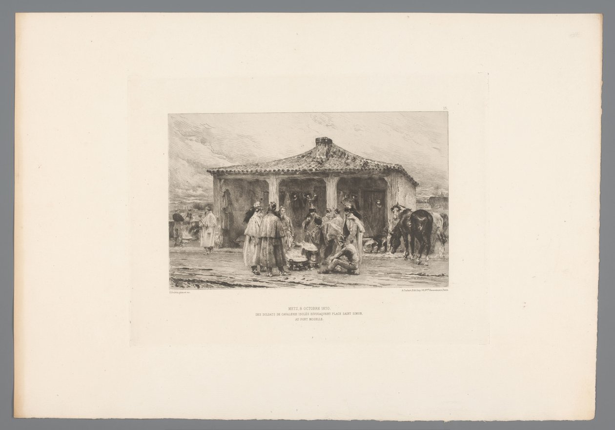 Gruppesoldat i en leir Metz 8. oktober 1870/ Bivuakk for isolerte kavalerisoldater på Place Saint Simon i Fort Moselle (tittel på objekt) Frankrike etsen uit 1875 (serietittel) Etsning i 1875 (serietittel) av Emile Boilvin