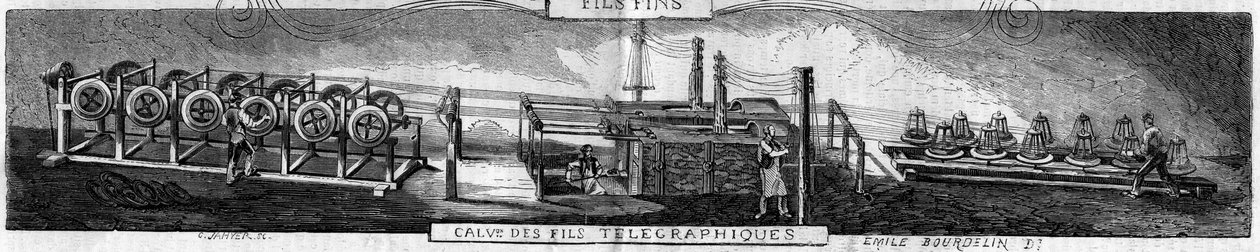 Galvanisering av jern- og telegraftråder i Grenelle-fabrikken av Franche Comte-smiene. Gravering av Emil Bourdelin i "" The Illustrious World"" nr. 93 av 22. januar av Emile Bourdelin