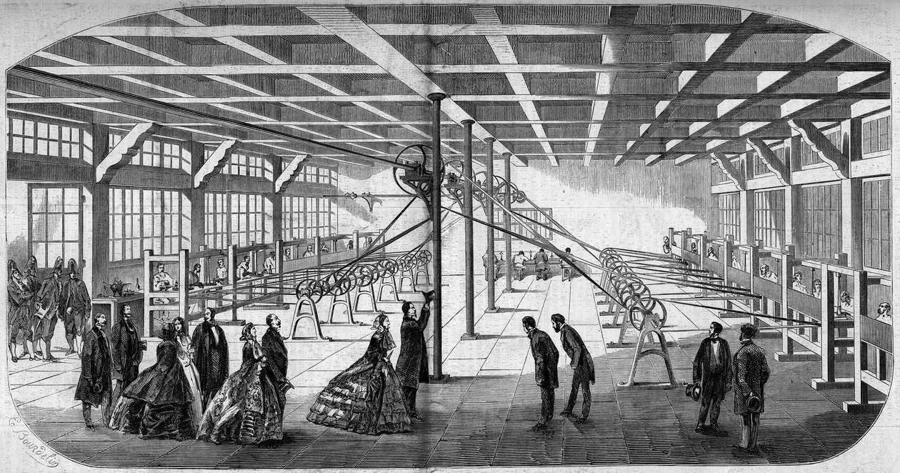 Internal view of the diamond cutting of Messrs. Gaensly and Bernard near the barrier of Maine in 1859, during the visit of Napoleon III (1808-1873) and the Impress Eugenie (Eugenie de Montijo av Emile Bourdelin