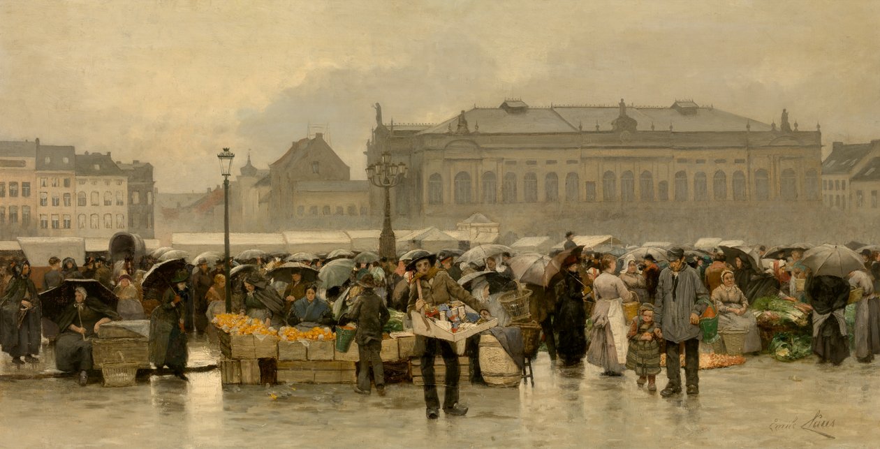 Markedet foran teatret i Antwerpen (olje på lerret) av Emile Claus