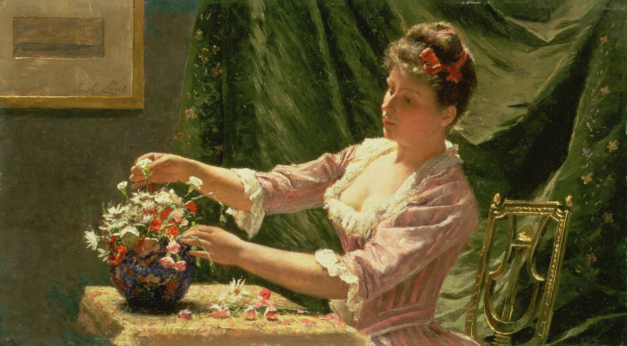Ung kvinne som ordner blomster av Emile Claus