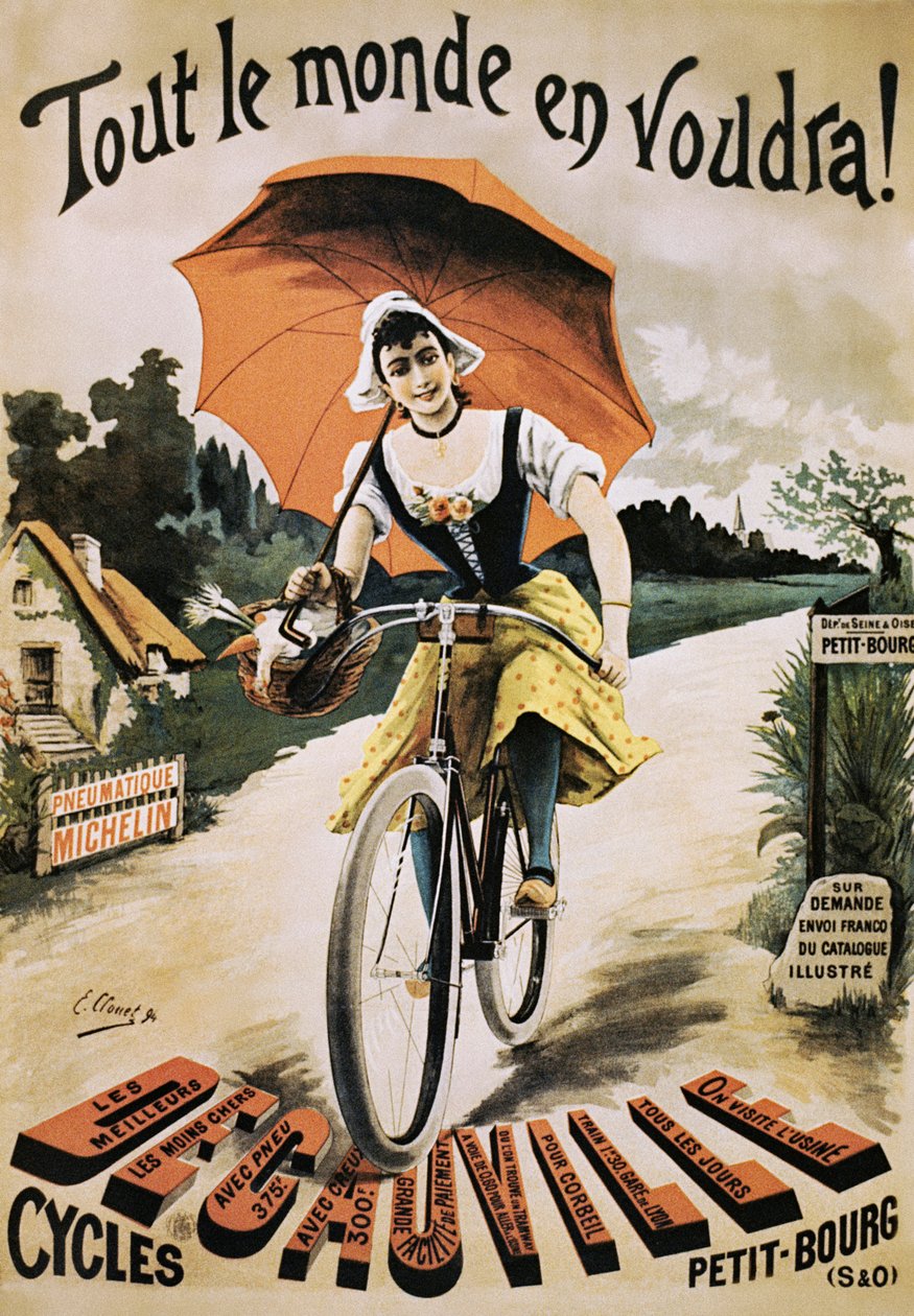 Vintage plakat av kvinne som sykler og holder rød paraply av Emile Clouet