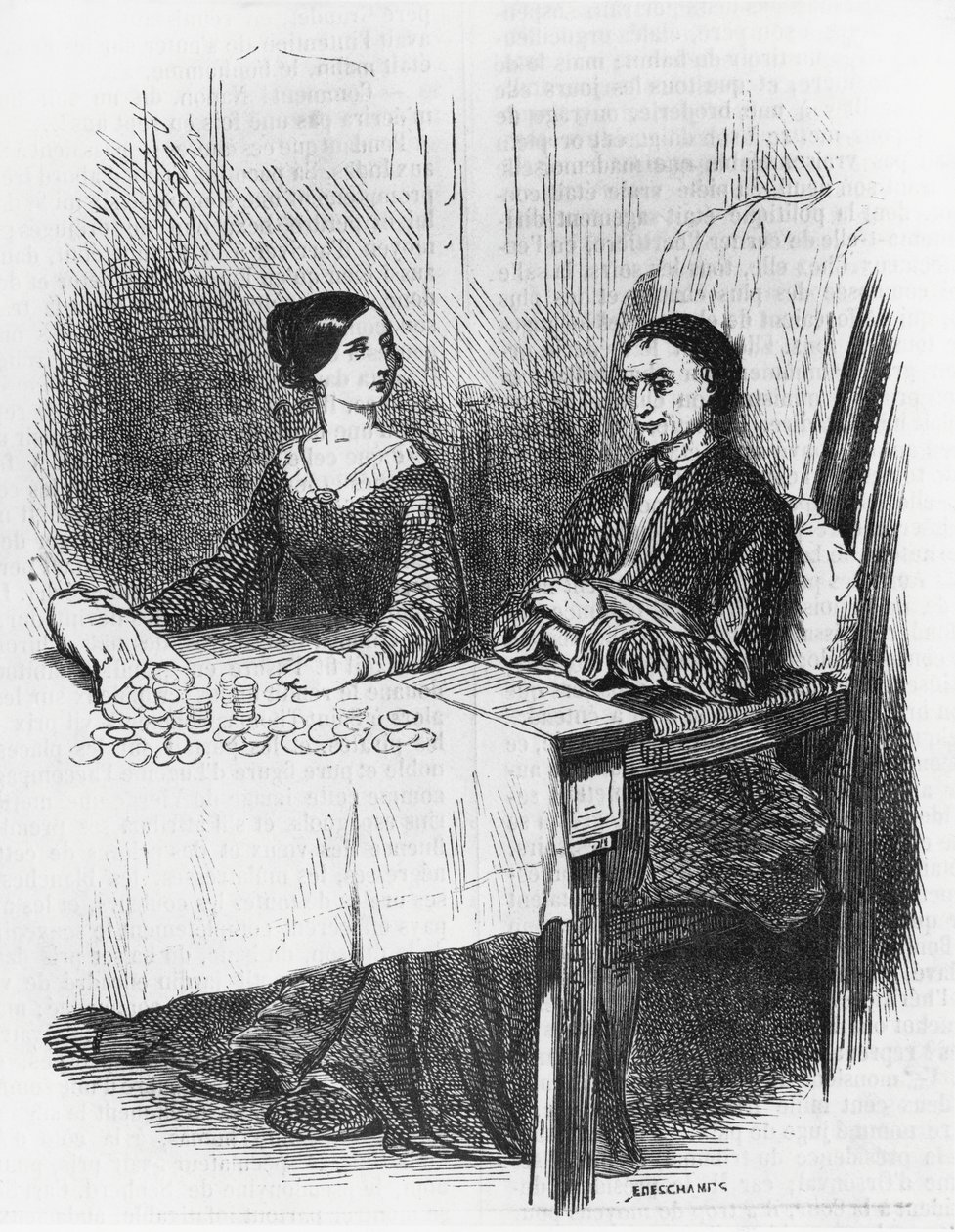 Illustrasjon for Eugenie Grandet, roman av Honore de Balzac (1799-1850) fra samling med flere bind med tittelen Human Comedy, gravering av Emile Deschamps (1822-1893) av Emile Deschamps