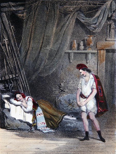 Scene som skildrer den stumme jenta Fenella som sover i en hytte sammen med broren Masaniello: akt IV fra operaen 