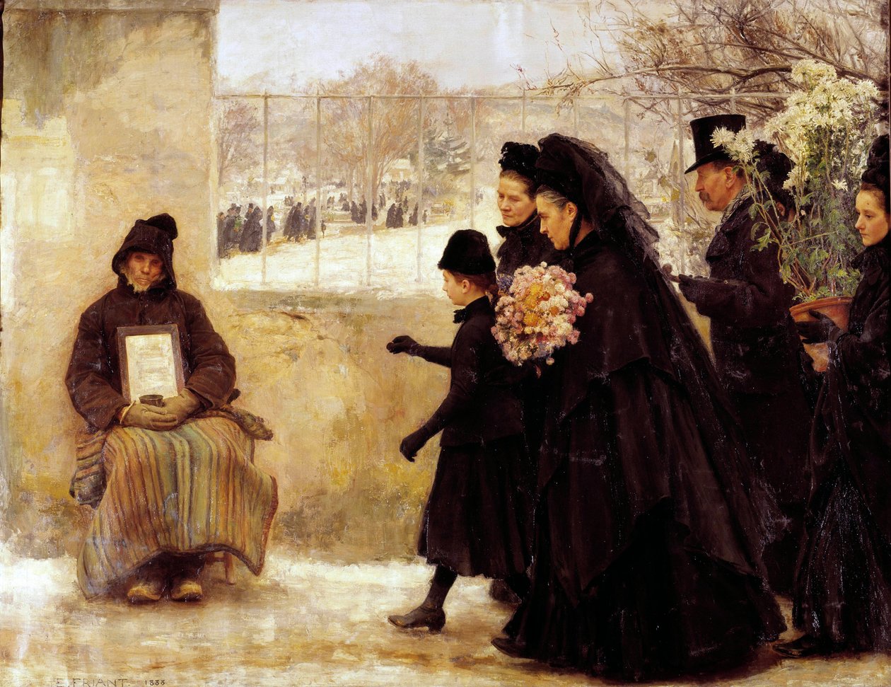 Allehelgen En sørgende familie som går til kirkegården gir en mynt til en gammel mann som lager alumone. Maleri av Emile Friant (1863-1932) 1888 Søn. 2,54x3,34 m Nancy, musee des Beaux Arts av Emile Friant