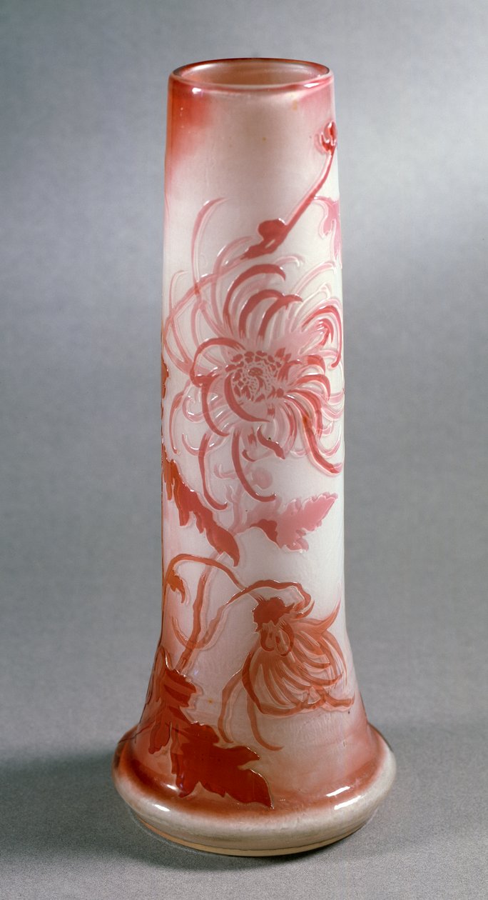 Dobbel glassvase med rød krysantemumdekor, ca 1900, Frankrike av Emile Galle