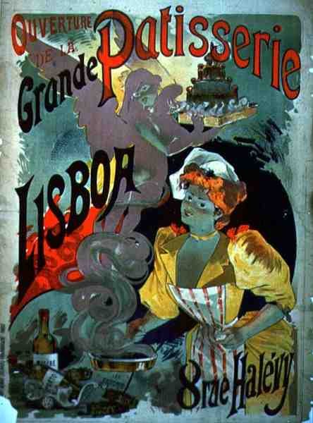 Plakat som reklamerer for "Åpningen av Grande Patisserie Lisboa" i Paris, ca. 1895 (farge litho) av Emile Georges Giran