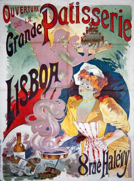 Plakat som reklamerer for "Åpningen av Grande Patisserie Lisboa" i Paris, ca. 1895 (farge litho) av Emile Georges Giran