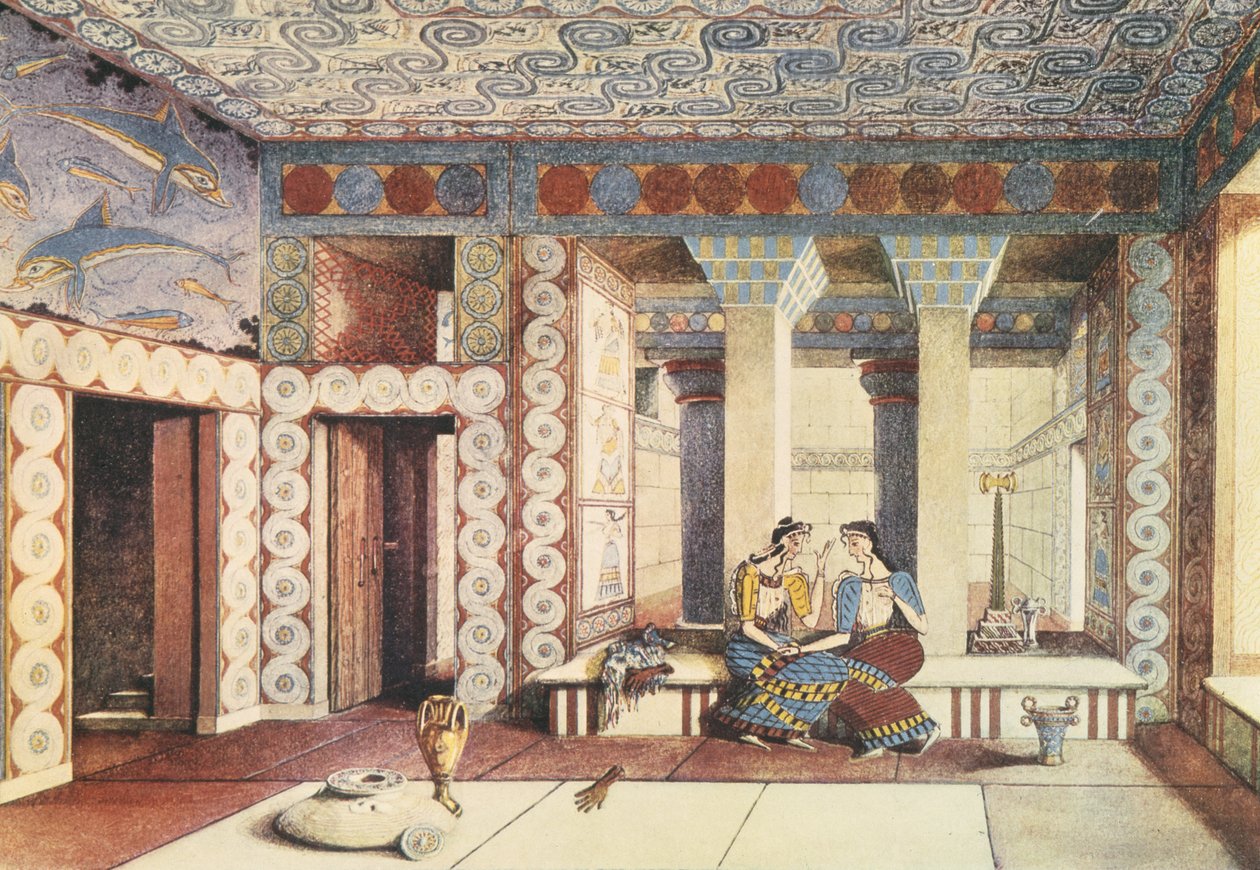 Kunstnerinntrykk av Knossos-palasset, Kreta, ca. 1900 (litho) av Emile Gilliéron