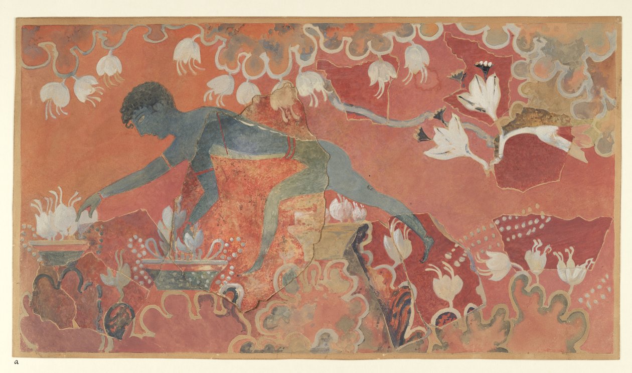 Maleri av freskoen Blue Monkey Saffron Gatherer fra Palace of Minos på Knossos (Evans Fresco-tegning L/3 a)), ca. 1921 (papir, pigment) av Emile Gilliéron