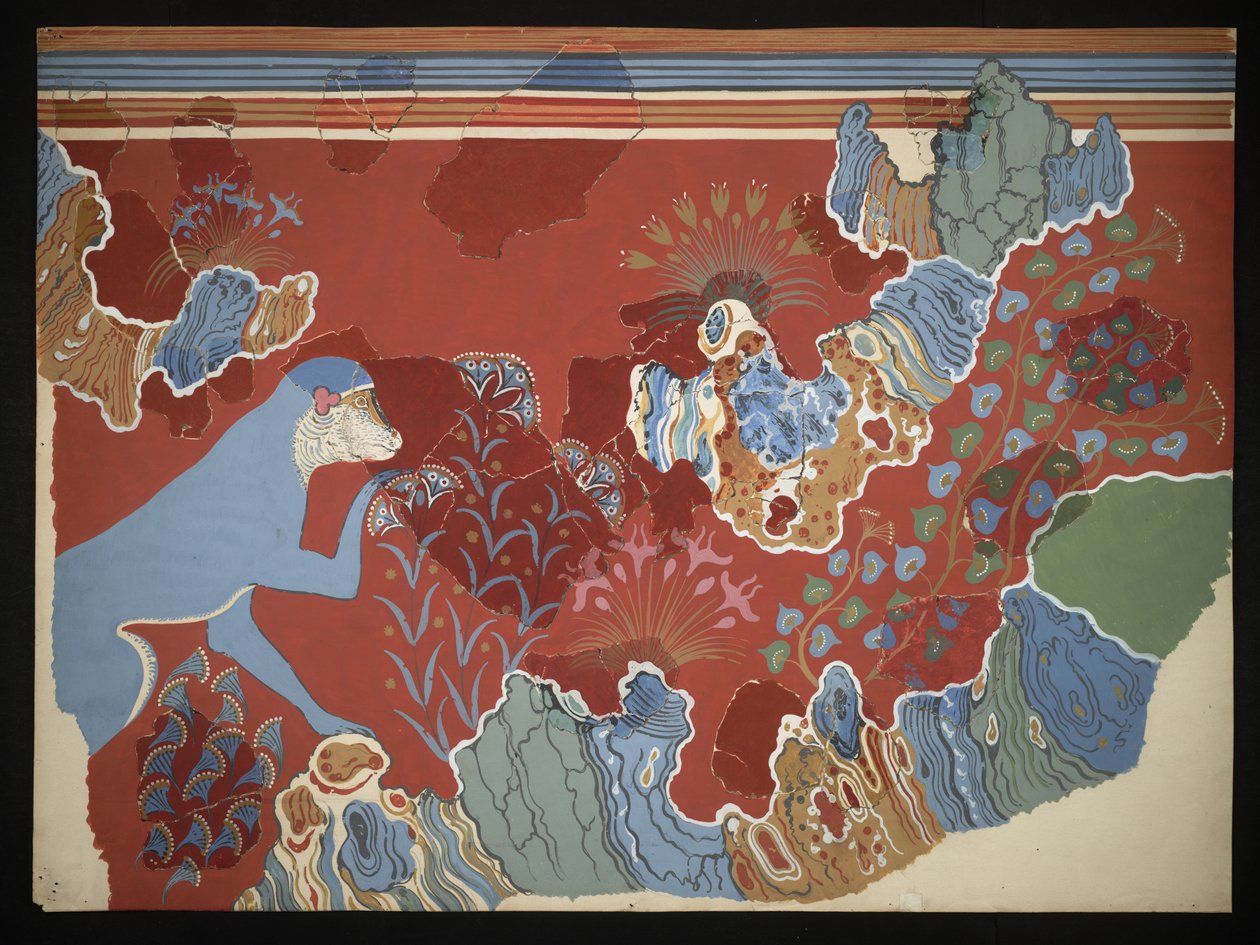 Maleri av den blå apen i et steinete landskap freskomaleri fra House of the Frescoes på Knossos (Evans Fresco Drawing C/6), ca. 1928 (papir, pigment) av Emile Gilliéron