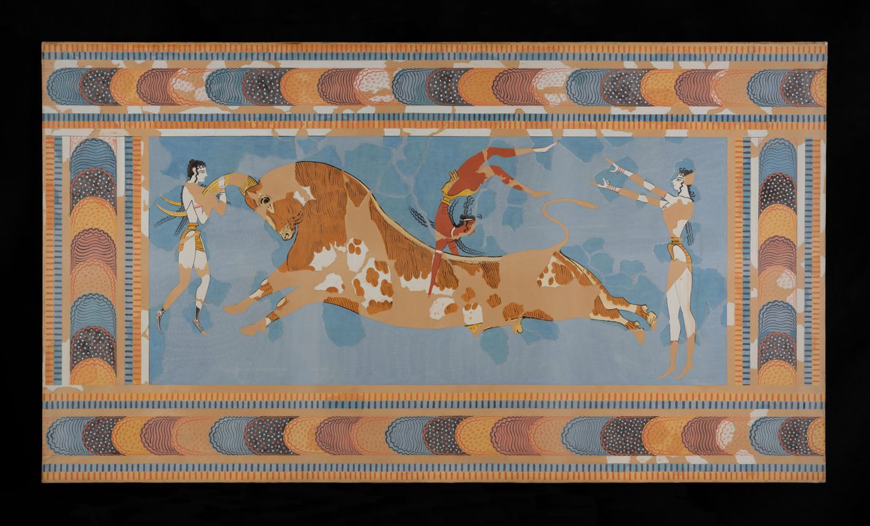 Maleri av den restaurerte Taureador Fresco fra Palace of Minos på Knossos (Evans Fresco Drawing N/4) av Emile Gilliéron