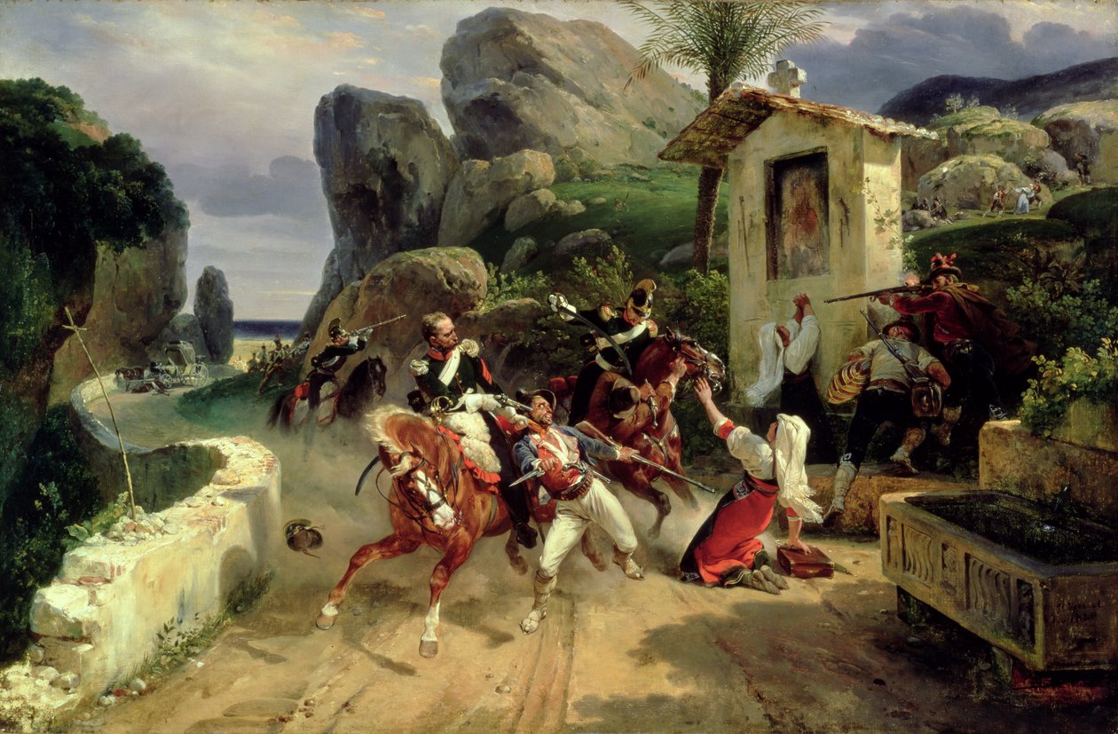 Italienske brigander overrasket av pavelige tropper, 1831 av Emile Jean Horace Vernet