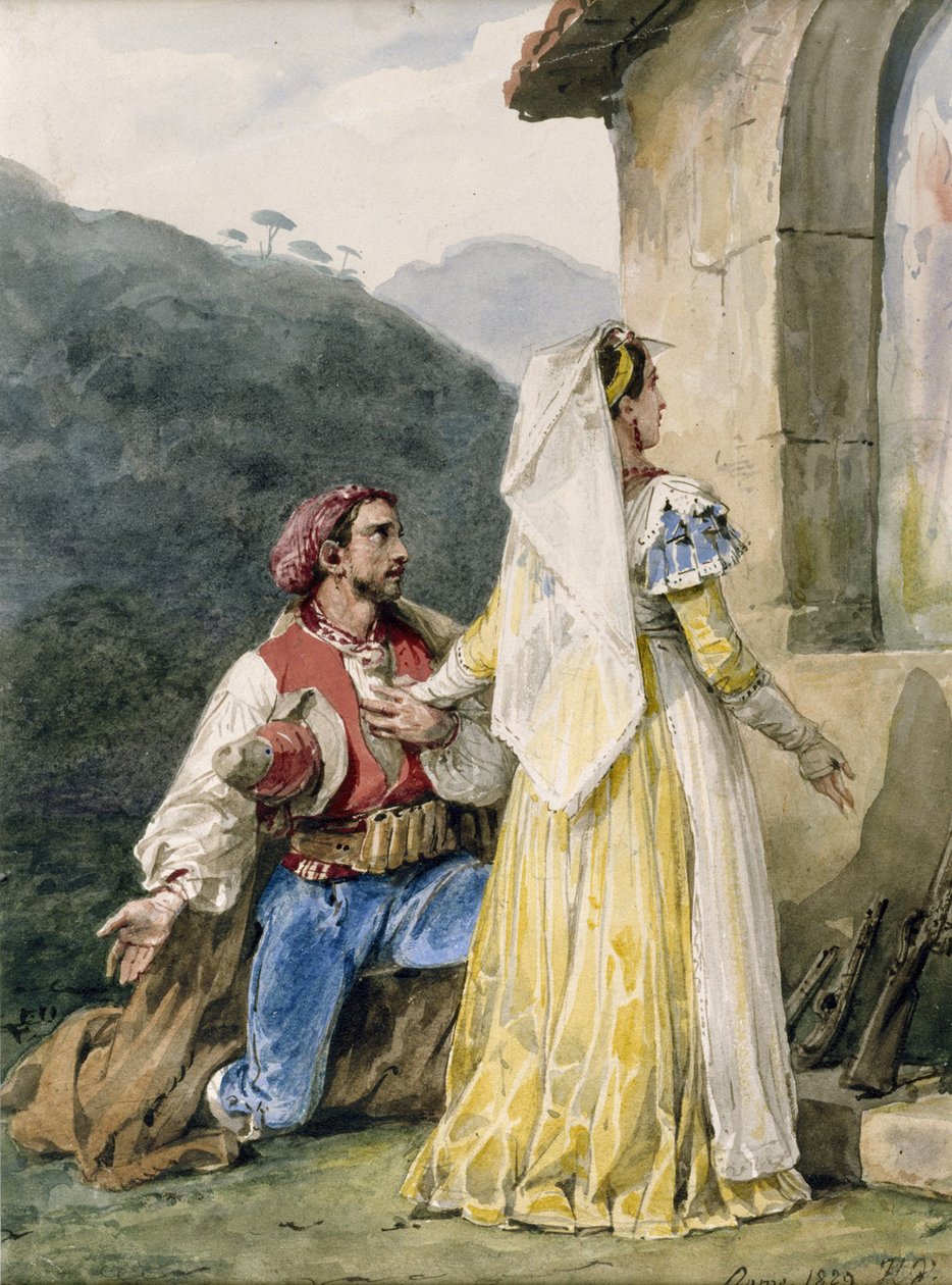 Italienske bønder foran et helligdom, 1829 (wc på papir forsterket med tyggegummi) av Emile Jean Horace Vernet